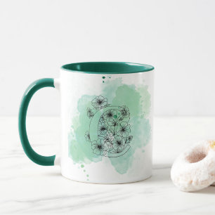 Mug Aquarelle C initiale Monogramme Botanique vert