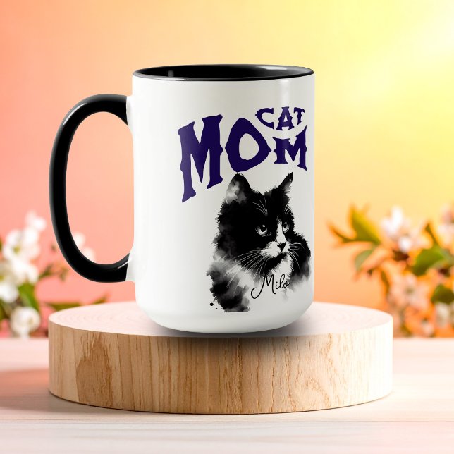 Mug Aquarelle Chat Maman Personnalisable Noir (Watercolor cat with SCRIPT Writing to add your personal cats name.)