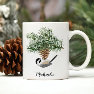 Mug Aquarelle Chickadee d'hiver sur le cône de pin