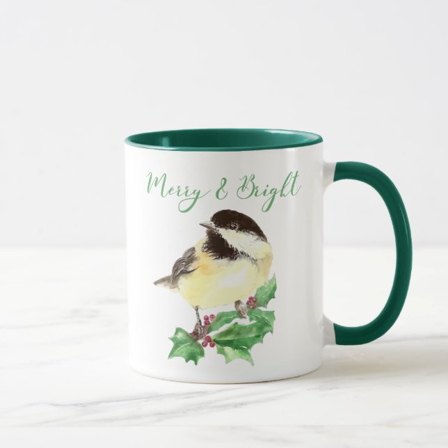 Mug Aquarelle Chickadee Oiseau Joyeux et Noël brillant (Droite)