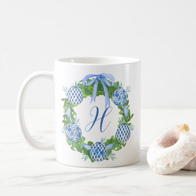 Mug Aquarelle Chinoiserie Wreath Noël Monogramme (Avec donut)