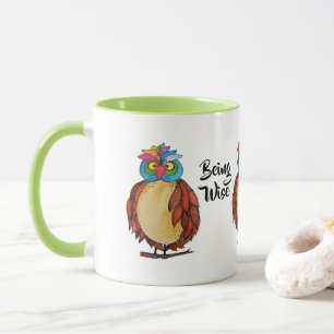 Mug Aquarelle Chouette magique avec plumes arc-en-ciel