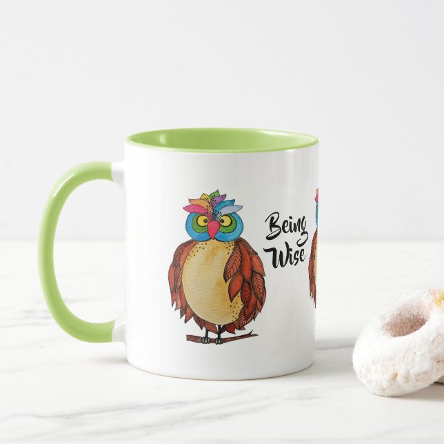 Mug Aquarelle Chouette magique avec plumes arc-en-ciel (Avec donut)