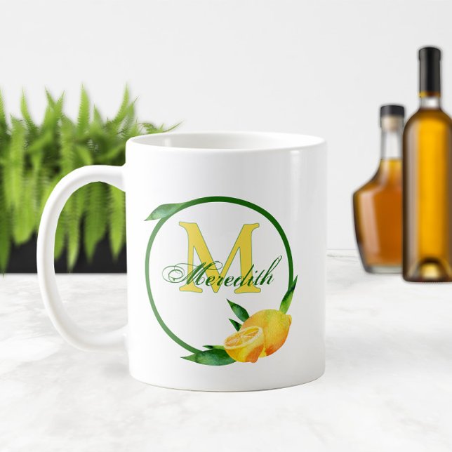 Mug Aquarelle Citrons 🍋 ✨ Nom et Monogramme (Watercolor Lemons 🍋✨ Name and Monogram Coffee Mug
)