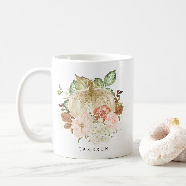 Mug Aquarelle Citrouille blanc avec Parties scintillan (Avec donut)