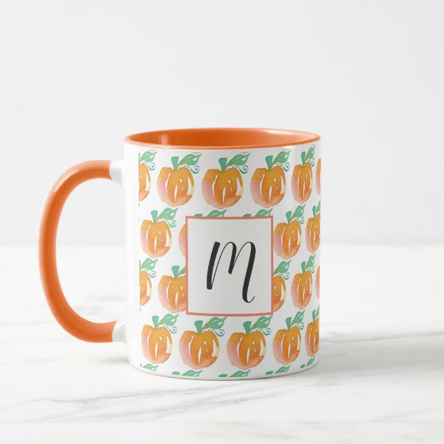 Mug Aquarelle Citrouilles d'automne Orange Nom Initial (Gauche)