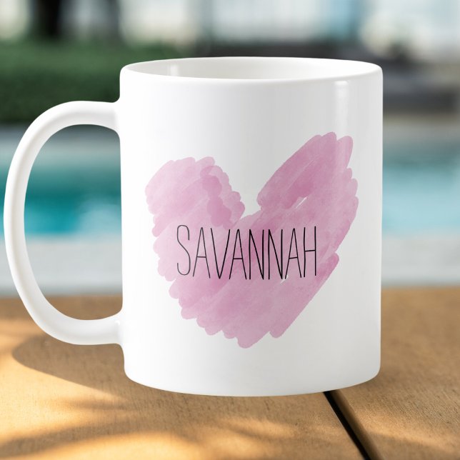 Mug Aquarelle Coeur rose Nom personnalisable (Créateur téléchargé)