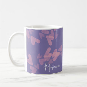 Mug Aquarelle Coeur timbres rose Nom du script pourpre