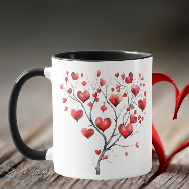 Mug Aquarelle Coeurs rouges Arbre Saint-Valentin (Créateur téléchargé)