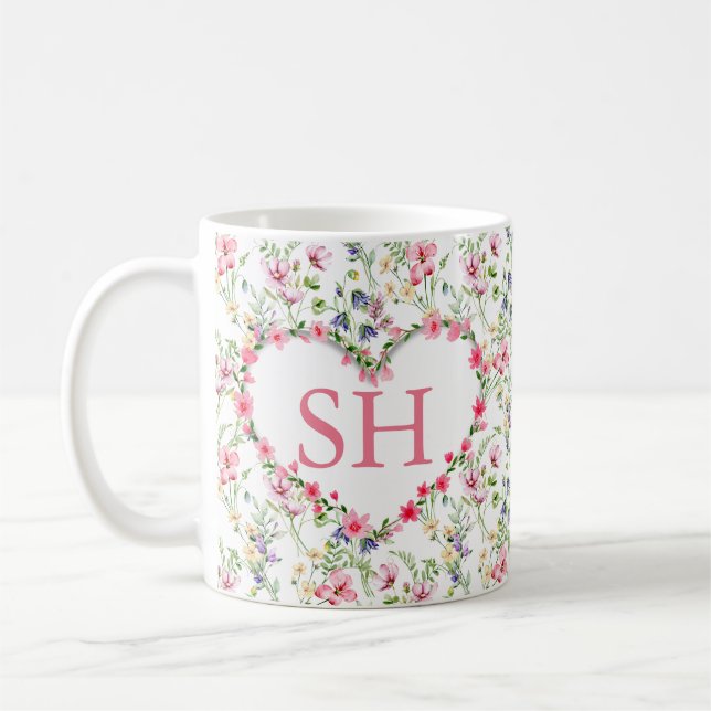 Mug Aquarelle colorée Fleur de printemps Motif Monogra (Gauche)