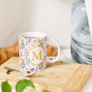 Mug Aquarelle colorée Fleur de printemps Motif Monogra