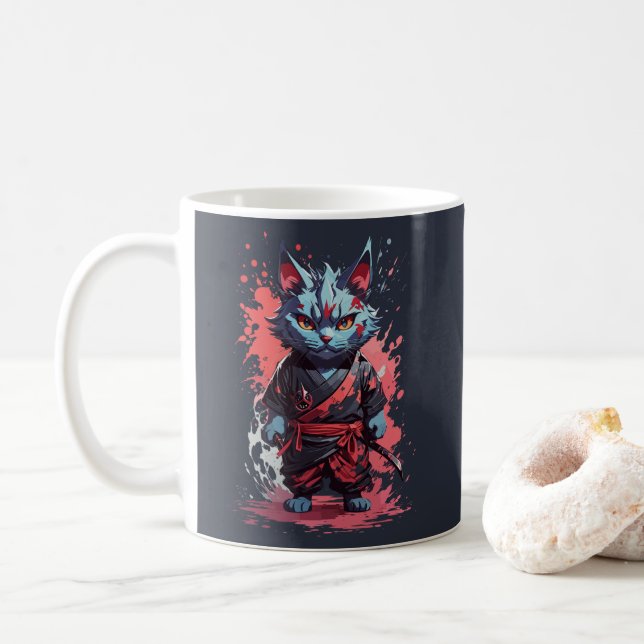 Mug Aquarelle cool Gris Ninja Chat Guerrier (Avec donut)