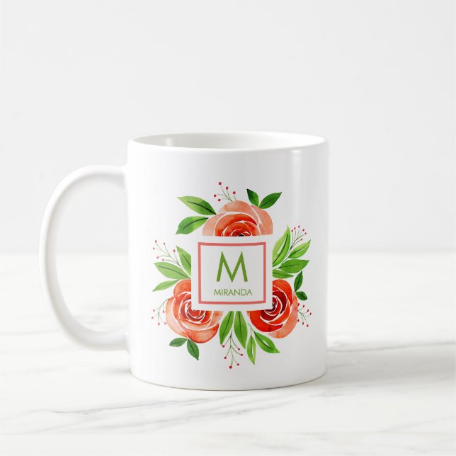 Mug Aquarelle Coral Roses Personnalisé Monogramme (Gauche)