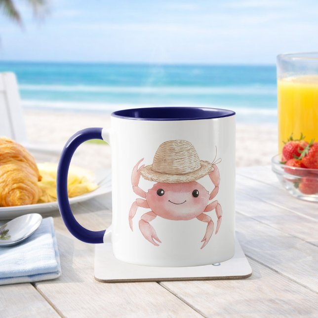 Mug Aquarelle Crabe Rose Maison de Plage Côtière Café (Créateur téléchargé)