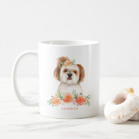 Aquarelle Cute Shih Tzu Peach Floral Personnalisé