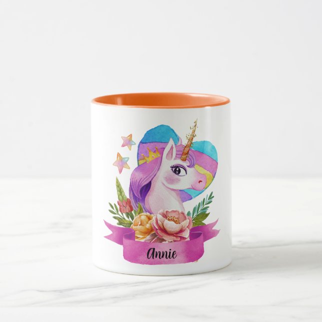 Mug Aquarelle Cute Unicorn Coeur Nom personnalisé (Centre)