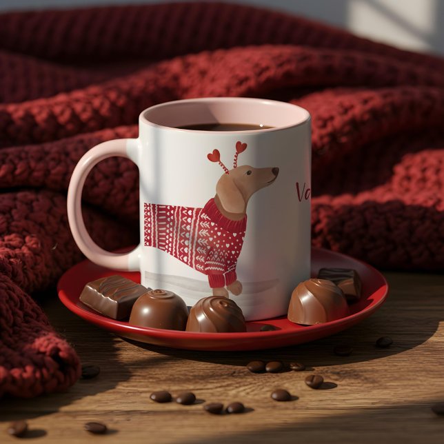Mug Aquarelle Dachshund Chien Saint Valentin Sweater (Watercolor Dachshund Dog Valentine's Day Sweater Mug)