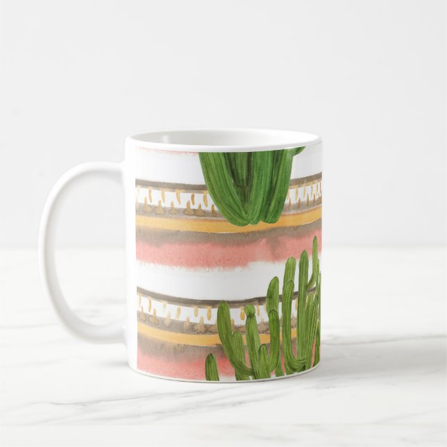 Mug Aquarelle de cactus, arrière - plan rayé, couche t (Gauche)