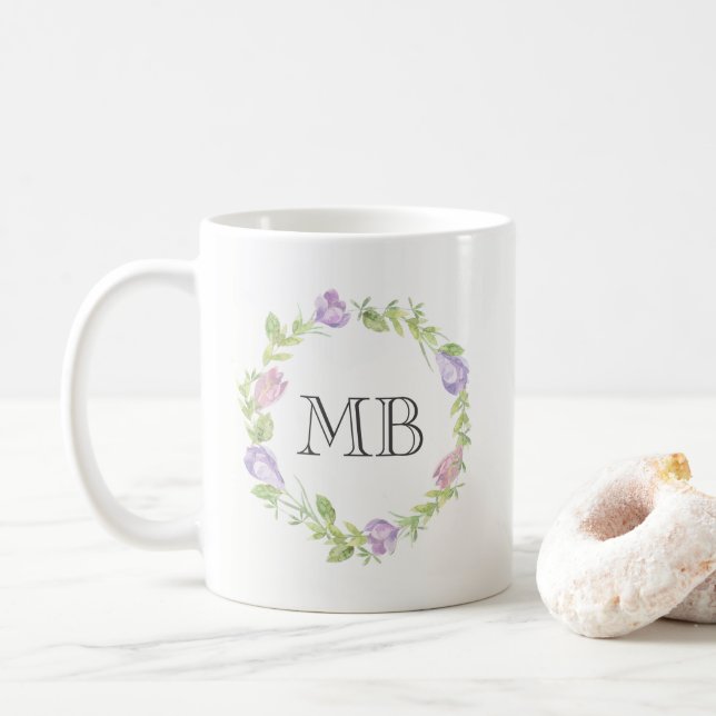 Mug Aquarelle de couronne de fleurs Monogramme muqueus (Avec donut)