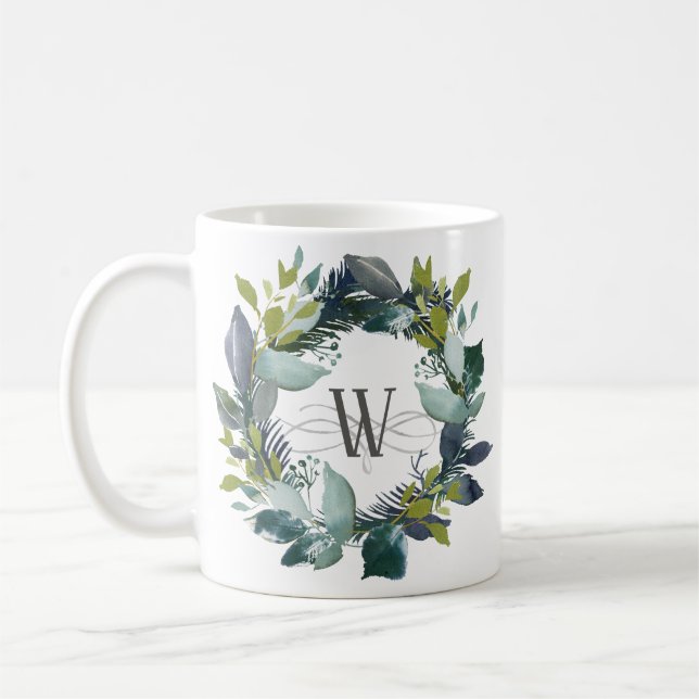 Mug Aquarelle de la couronne végétale Monogramme vert  (Gauche)