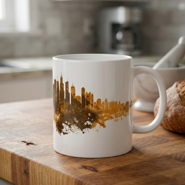 Mug Aquarelle de la skyline de Chicago Orange paysage  (Chicago Skyline Watercolor Orange Cityscape Art. Coffee Mug)
