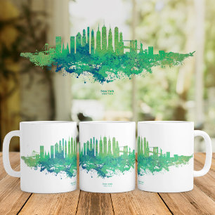 Mug Aquarelle de la skyline de New York en bleu et ver