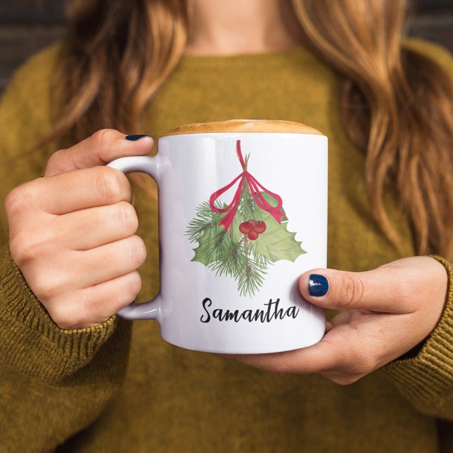 Mug Aquarelle de Noël Holly Berries Script vert (Christmas holiday greenery and foliage calligraphy script custom mug. )