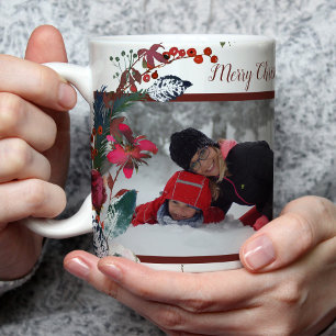 Mug Aquarelle de Noël Rouge Vert Floral Vos photos