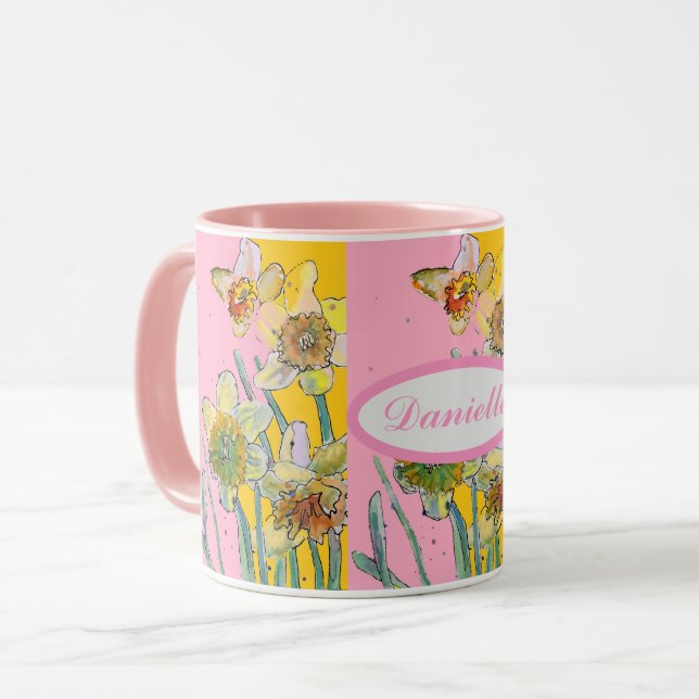 Mug Aquarelle de peinture de la jonquille Fleur rose j (Devant gauche)
