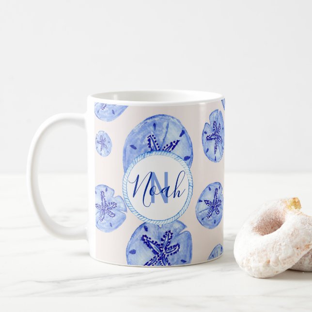 Mug Aquarelle de sable bleu dollar-nom monogramme pers (Avec donut)