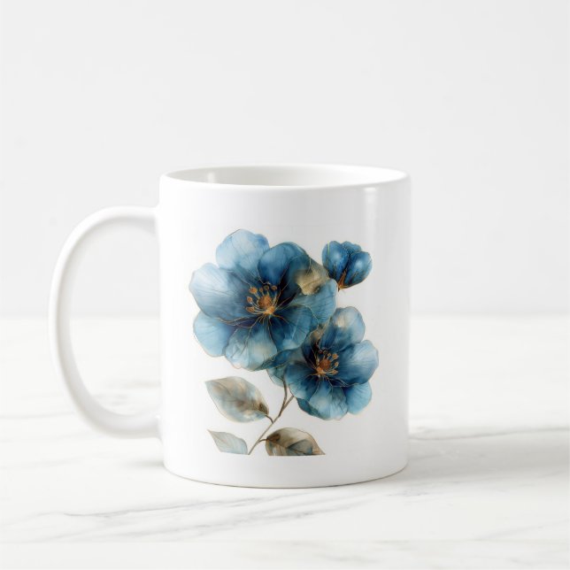 Mug Aquarelle délicate bleu azur et fleurs d'or (Gauche)