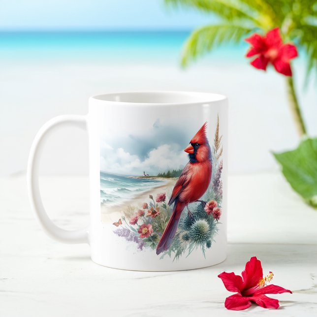 Mug Aquarelle d'été Cardinal du Nord sur la plage (Créateur téléchargé)