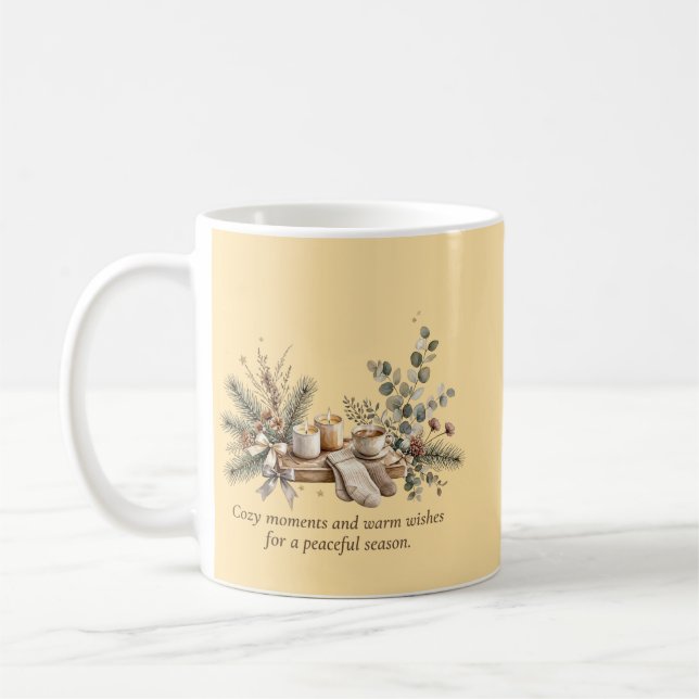 Mug Aquarelle d'hiver cosy | Bougies, café et branches (Gauche)