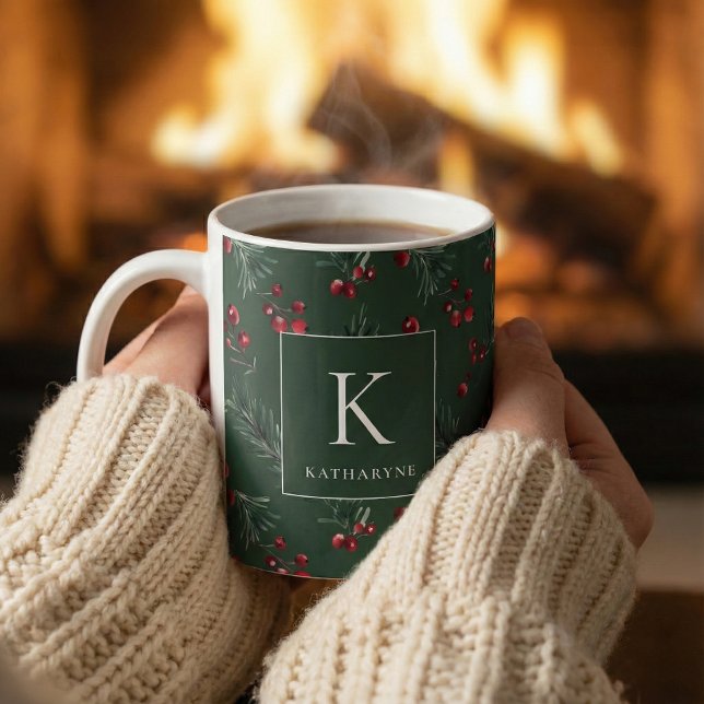 Mug Aquarelle d'hiver vert foncé Monogramme botanique (Créateur téléchargé)