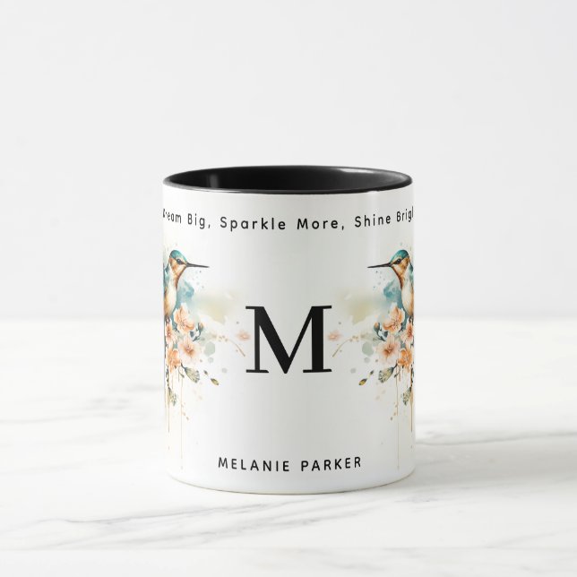 Mug Aquarelle Élégant Monogramme De Colibri Avec Nom (Centre)