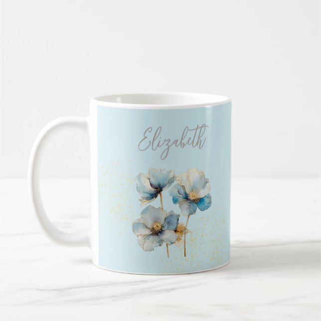 Mug Aquarelle Élégante Papillons Bleus Poussière Or (Gauche)