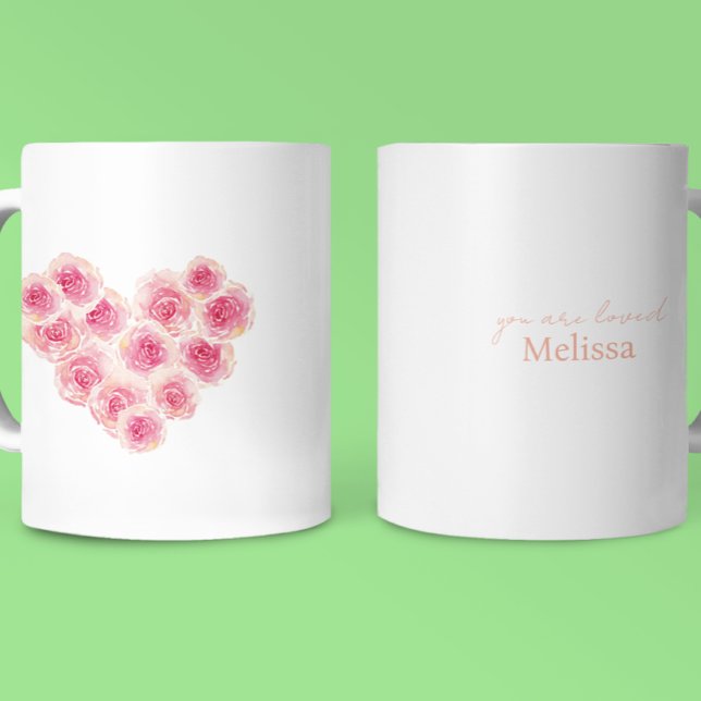 Mug Aquarelle élégante plaisir roses pêche rose nom d' (Hand painted pink peach watercolor roses fun and elegant heart design. Customize with name and note )
