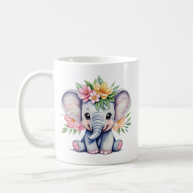 Mug Aquarelle Eléphant mignon avec fleurs (Gauche)