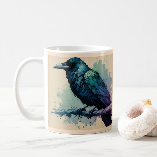 Mug Aquarelle Enchantant Raven Art : Audacieux et myst (Avec donut)