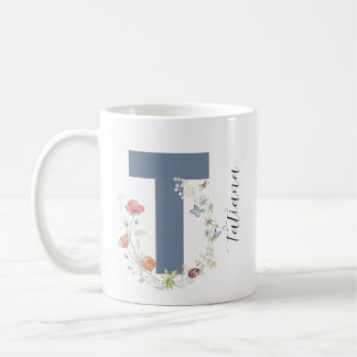 Mug Aquarelle esthétique Florale Lettre T Monogramme