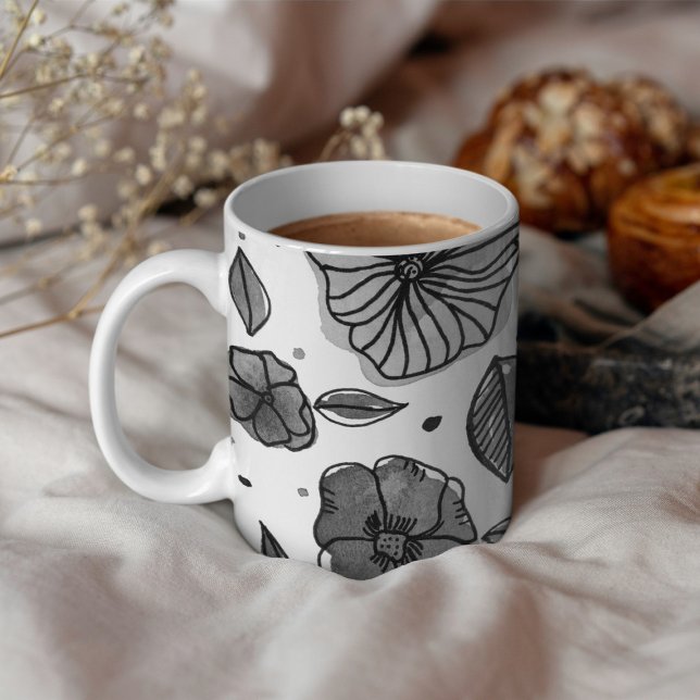 Mug Aquarelle et fleurs d'encre - noir et blanc (Créateur téléchargé)