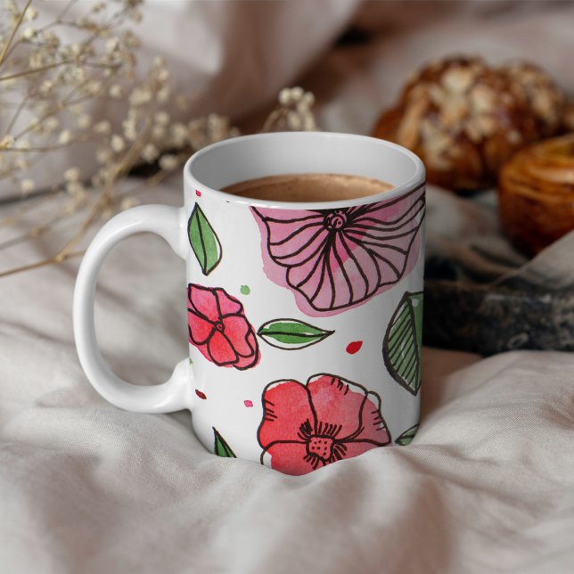 Mug Aquarelle et fleurs d'encre - rose et vert (Créateur téléchargé)