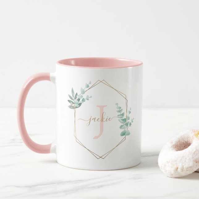 Mug Aquarelle Eucalyptus Monogramme encadré (Avec donut)