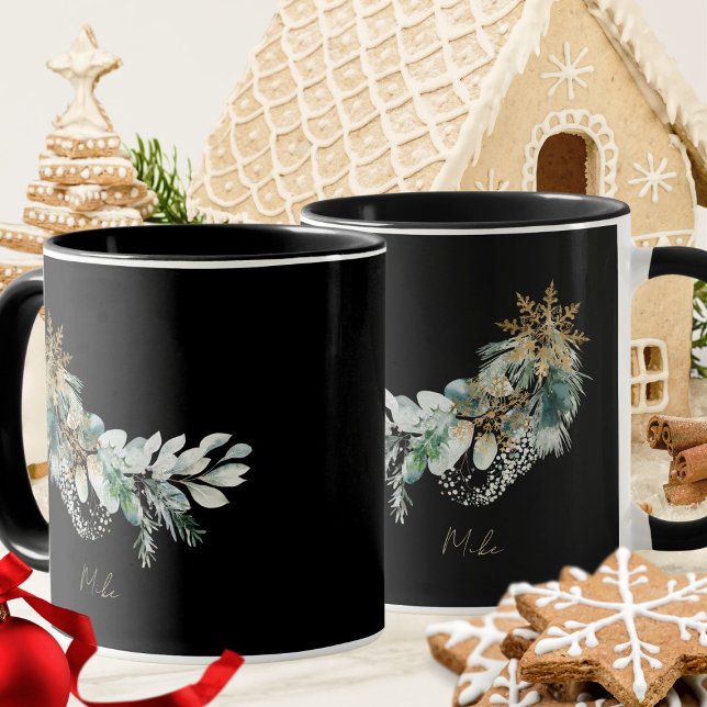 Mug Aquarelle feuilles modernes écriture Joyeux Noël (Créateur téléchargé)