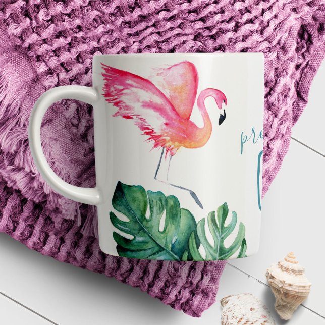 Mug Aquarelle Flamant Rose Tropical (Coffee mug features a watercolor pink flamingo and palm leaves art Victoria Grigaliunas DoTellABelle)