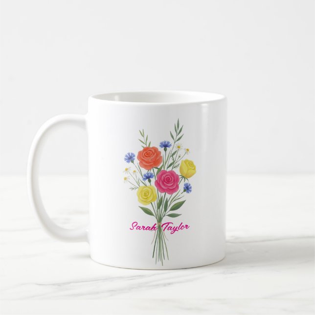 Mug Aquarelle Fleur de Naissance Rose Personnalisée (Gauche)