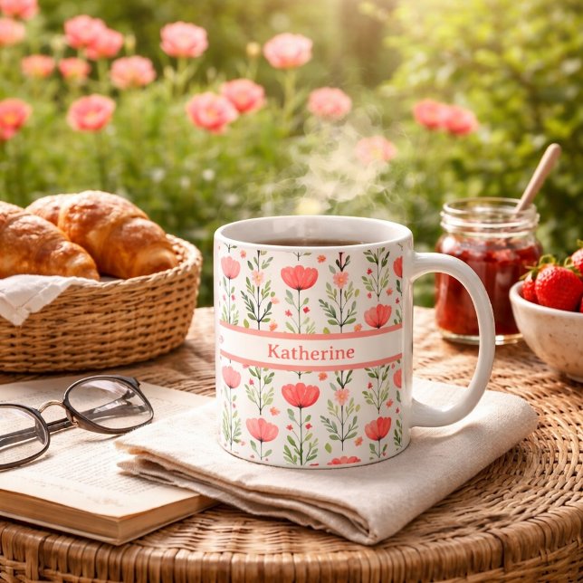 Mug Aquarelle Fleur de Pavot Rose Corail (Créateur téléchargé)