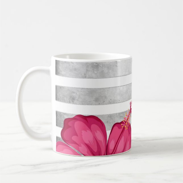 Mug Aquarelle Fleur rose dans une bande noire et blanc (Gauche)