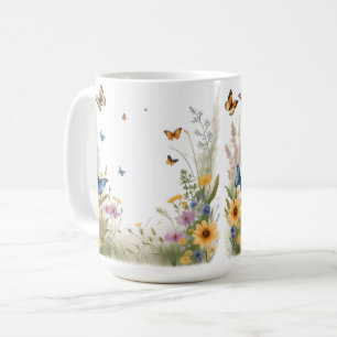 Mug Aquarelle Fleur sauvage Gris Et Papillons,