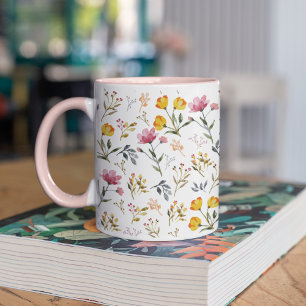 Mug Aquarelle Fleur sauvage rose blanc